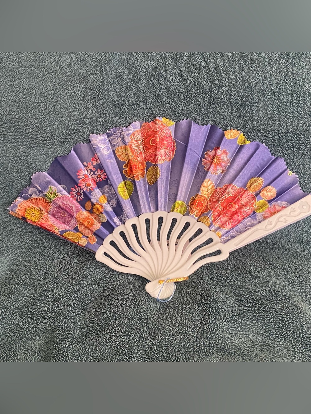 New Folding Hand Fan  Purple With Red Floral Plastic Handle Nylon Blades 15”W